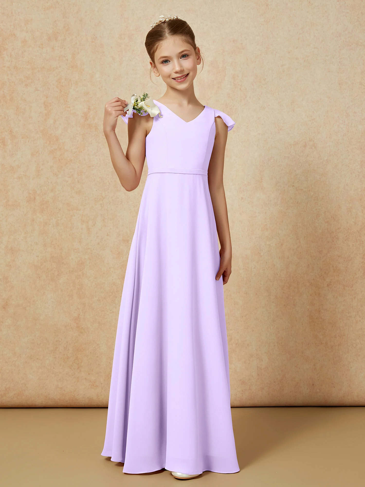 Flutter Sleeves Chiffon A-Line Junior Bridesmaid Dresses Lilac