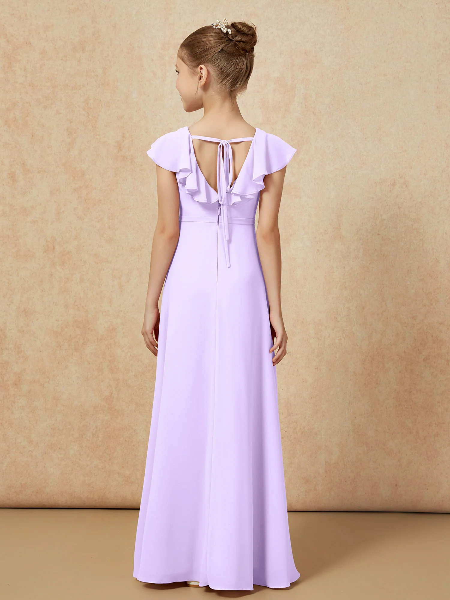Flutter Sleeves Chiffon A-Line Junior Bridesmaid Dresses Lilac - Image 2