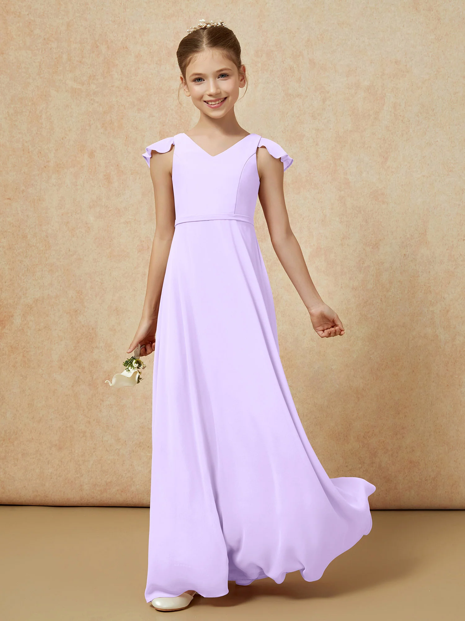 Flutter Sleeves Chiffon A-Line Junior Bridesmaid Dresses Lilac - Image 3