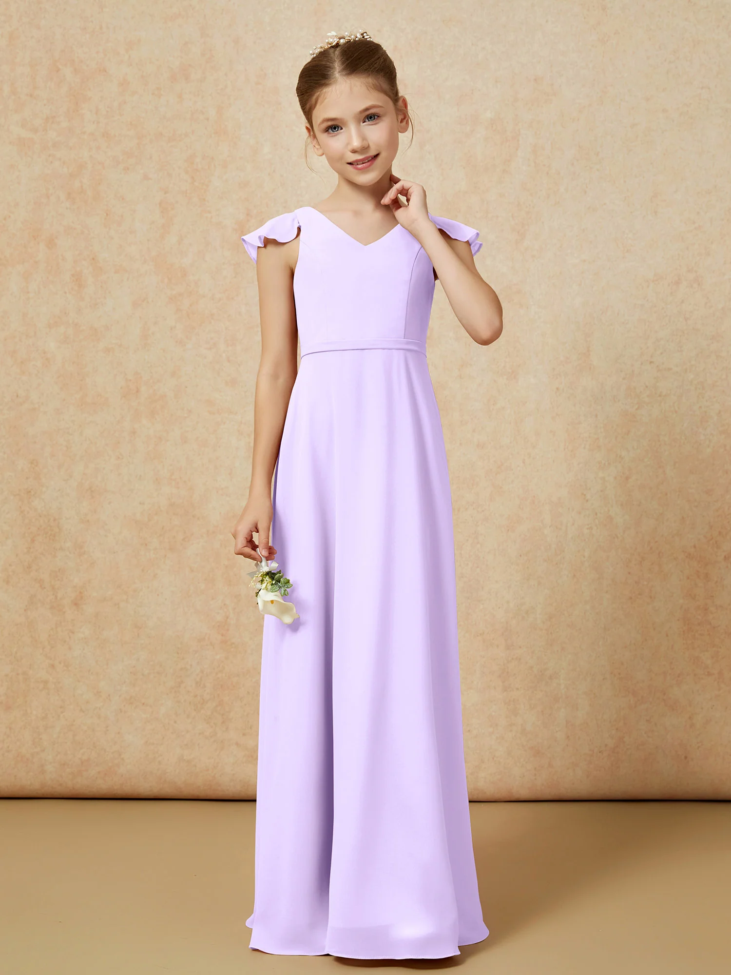 Flutter Sleeves Chiffon A-Line Junior Bridesmaid Dresses Lilac - Image 4