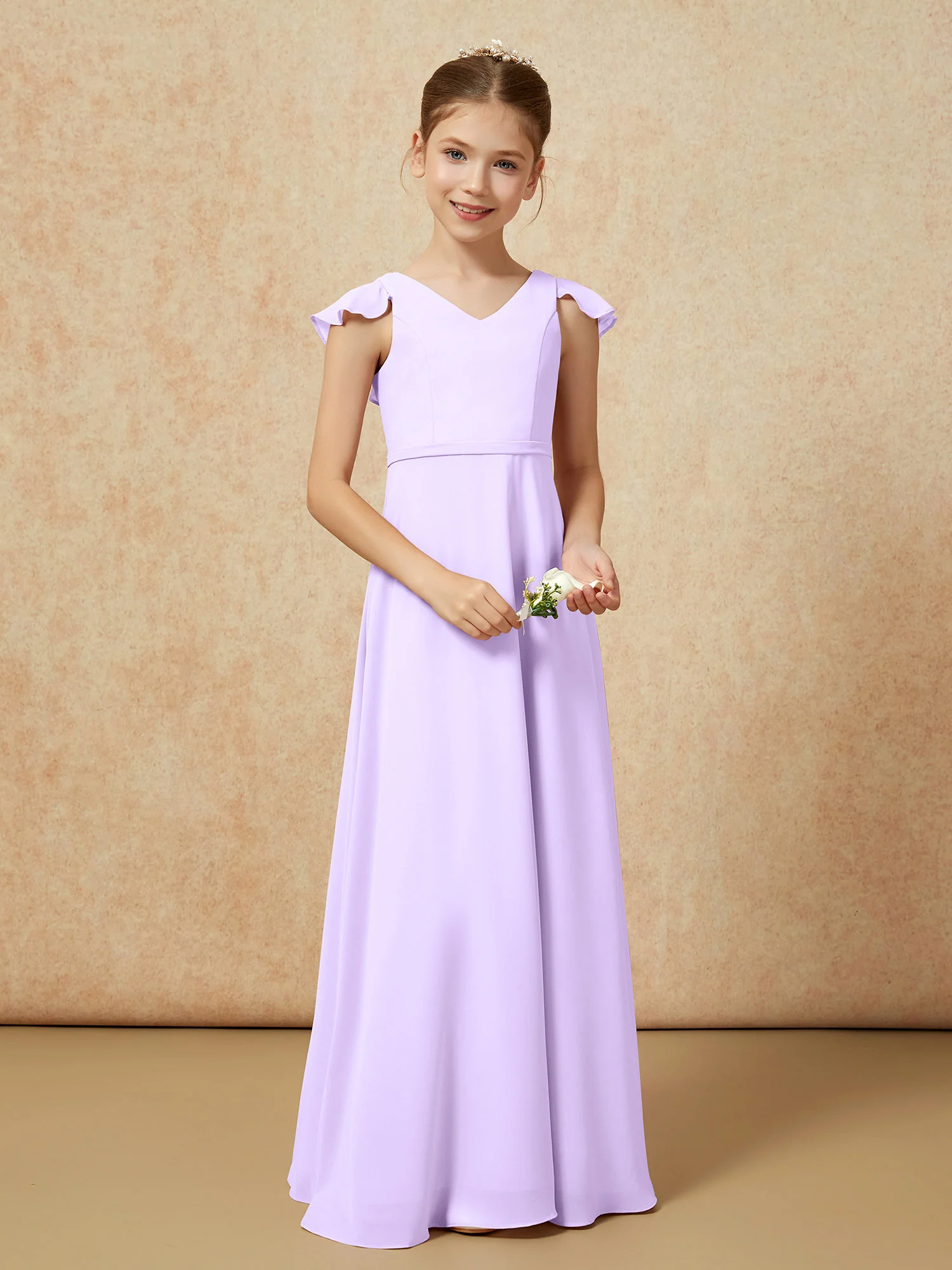 Flutter Sleeves Chiffon A-Line Junior Bridesmaid Dresses Lilac - Image 5