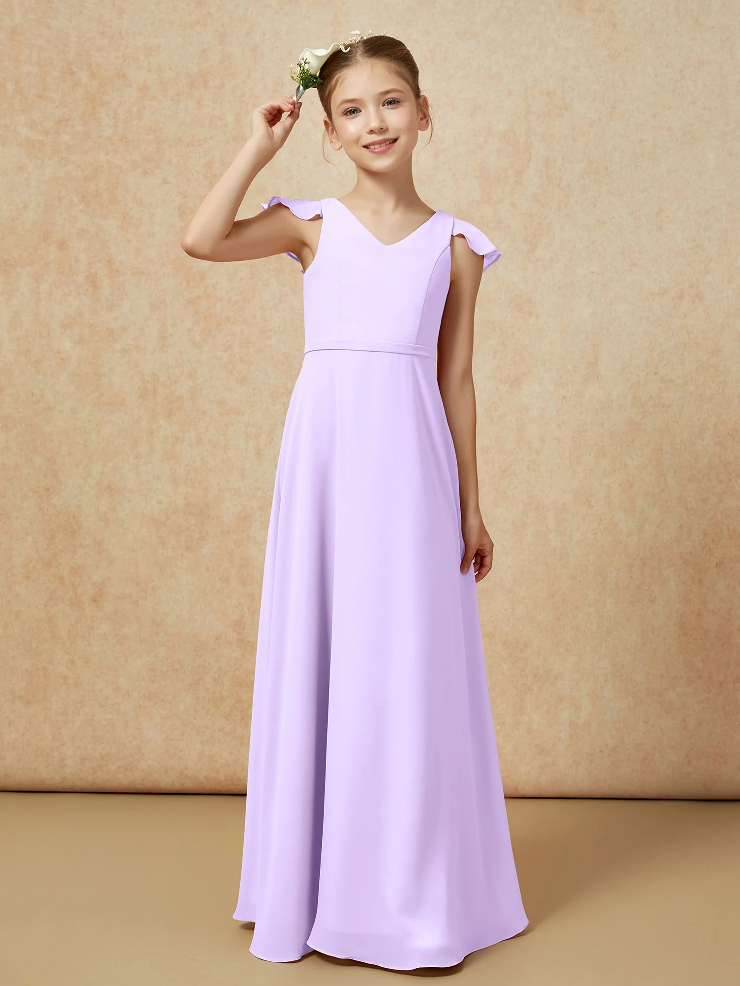 Flutter Sleeves Chiffon A-Line Junior Bridesmaid Dresses Lilac - Image 6