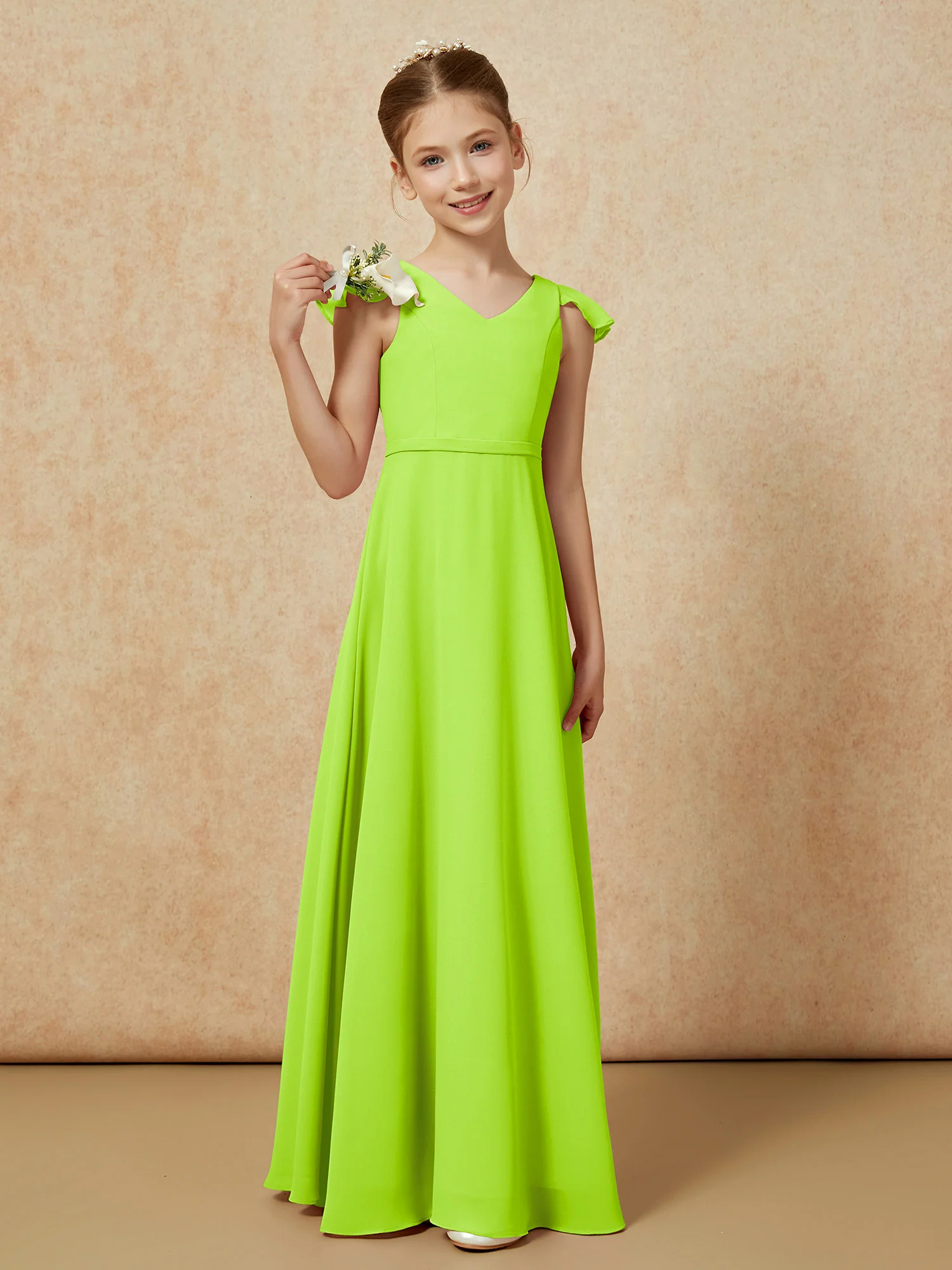 Flutter Sleeves Chiffon A-Line Junior Bridesmaid Dresses Lime Green