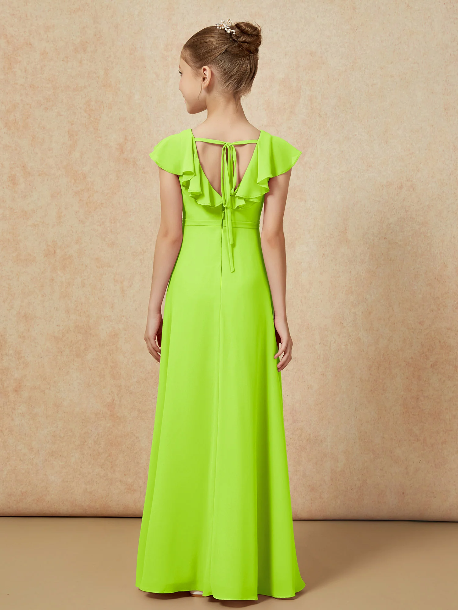 Flutter Sleeves Chiffon A-Line Junior Bridesmaid Dresses Lime Green - Image 2