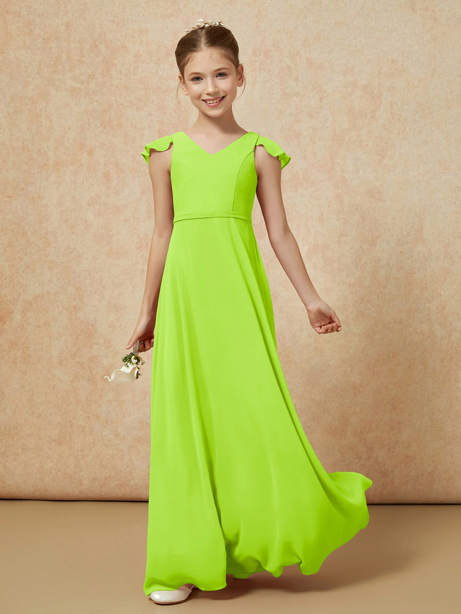 Flutter Sleeves Chiffon A-Line Junior Bridesmaid Dresses Lime Green - Image 3