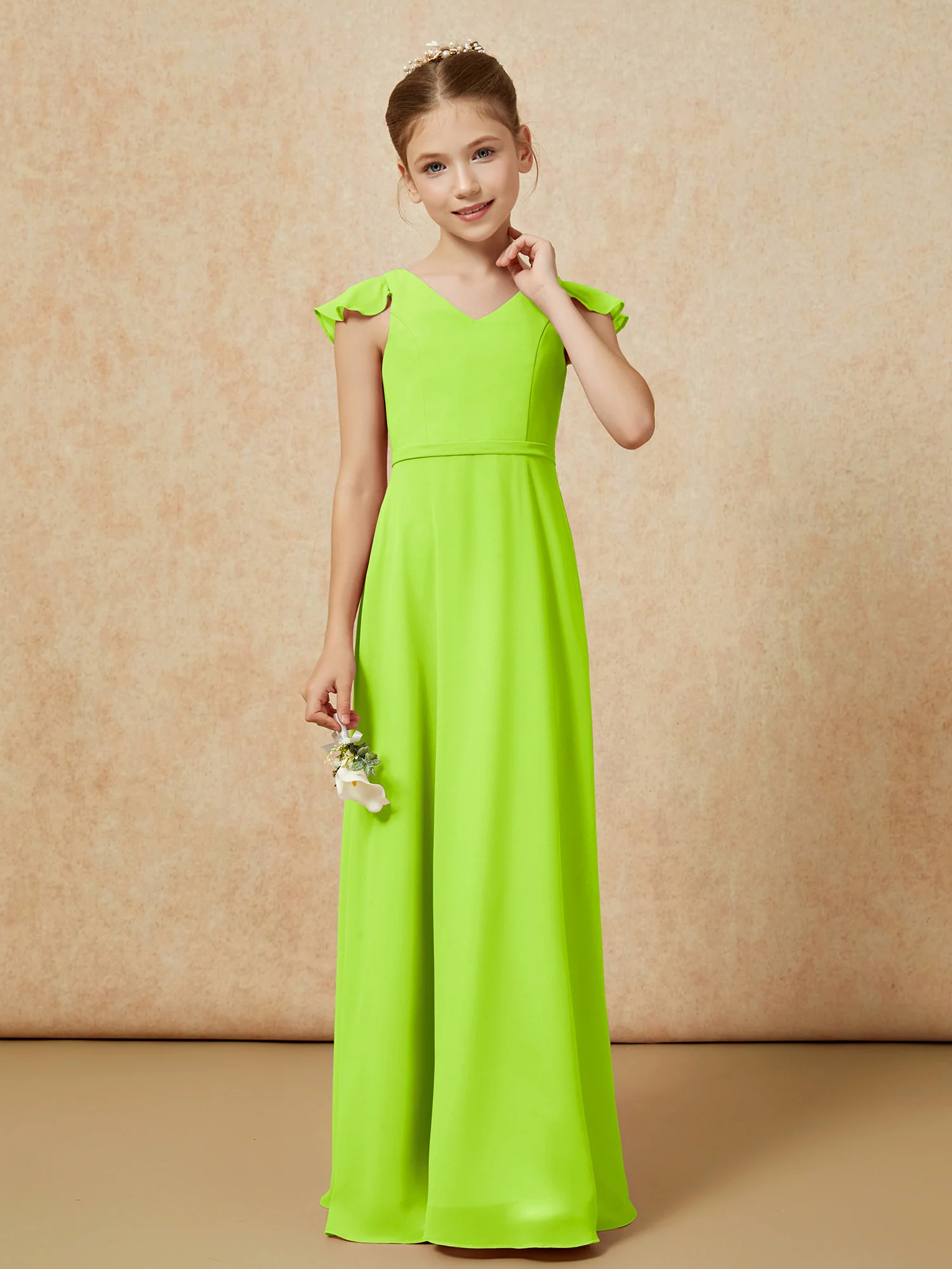 Flutter Sleeves Chiffon A-Line Junior Bridesmaid Dresses Lime Green - Image 4