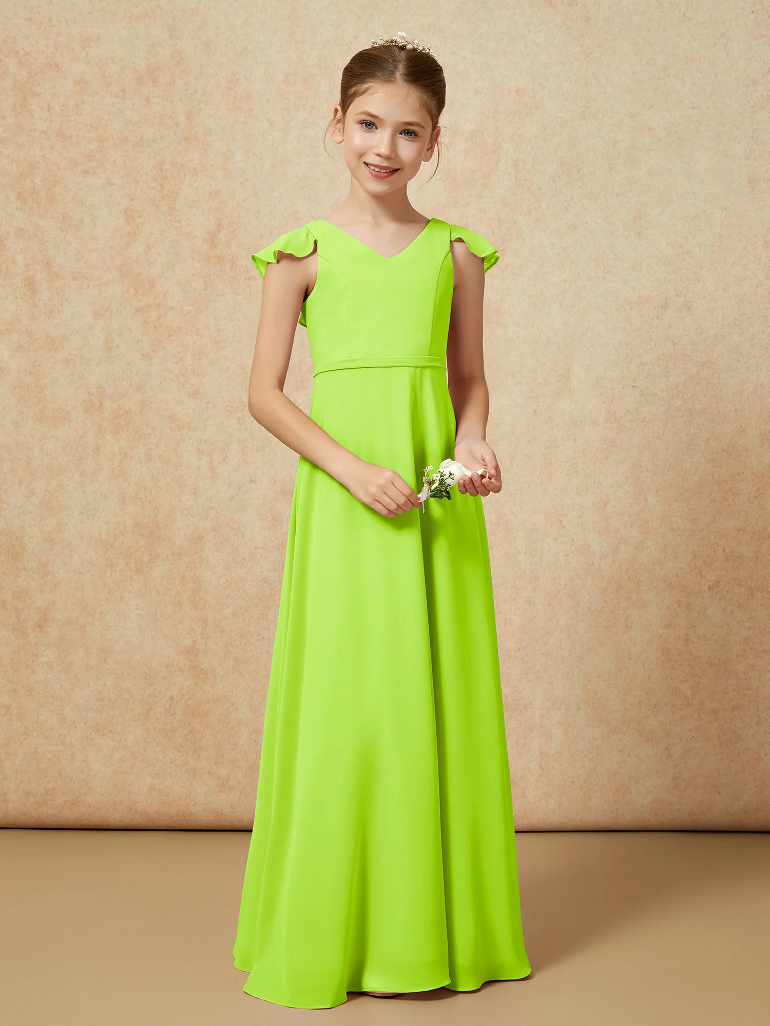Flutter Sleeves Chiffon A-Line Junior Bridesmaid Dresses Lime Green - Image 5