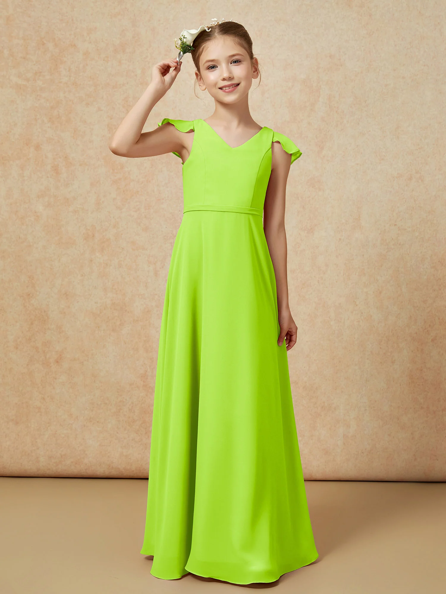 Flutter Sleeves Chiffon A-Line Junior Bridesmaid Dresses Lime Green - Image 6