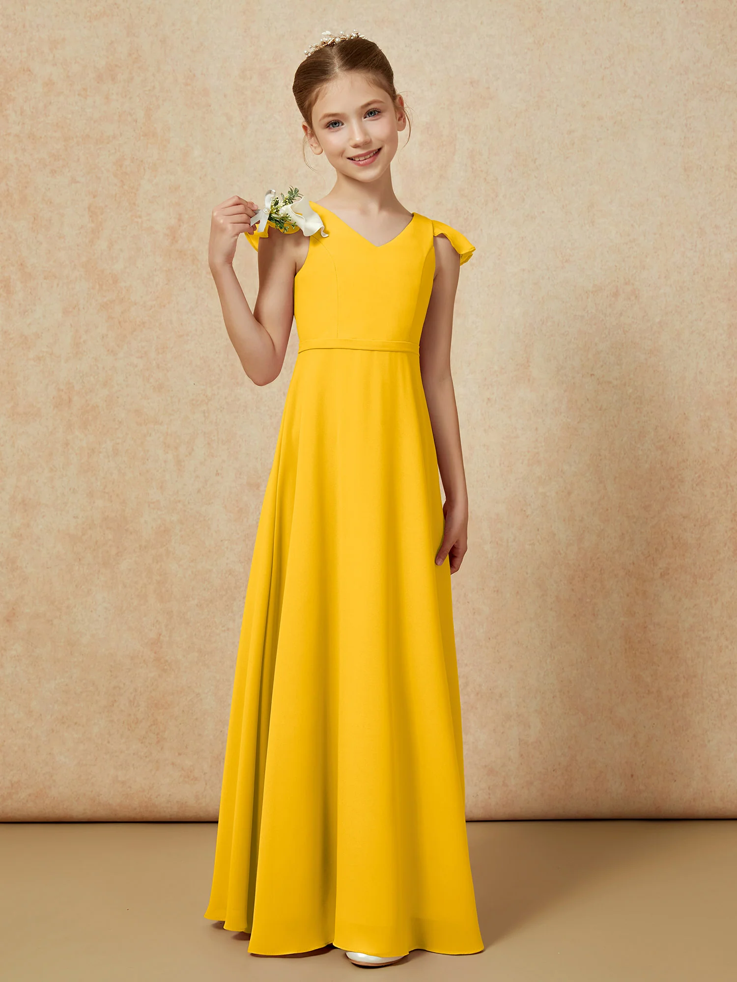 Flutter Sleeves Chiffon A-Line Junior Bridesmaid Dresses Marigold