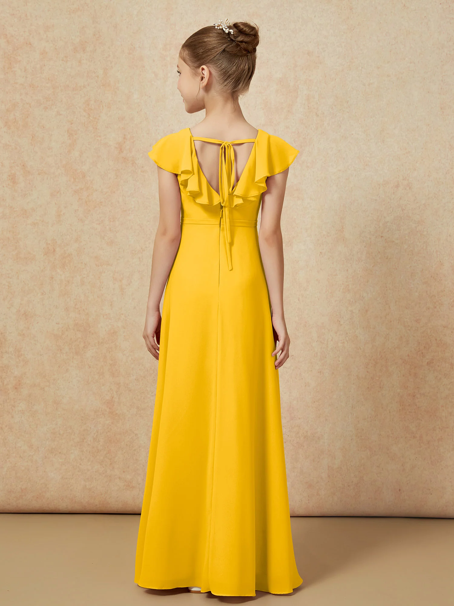Flutter Sleeves Chiffon A-Line Junior Bridesmaid Dresses Marigold - Image 2
