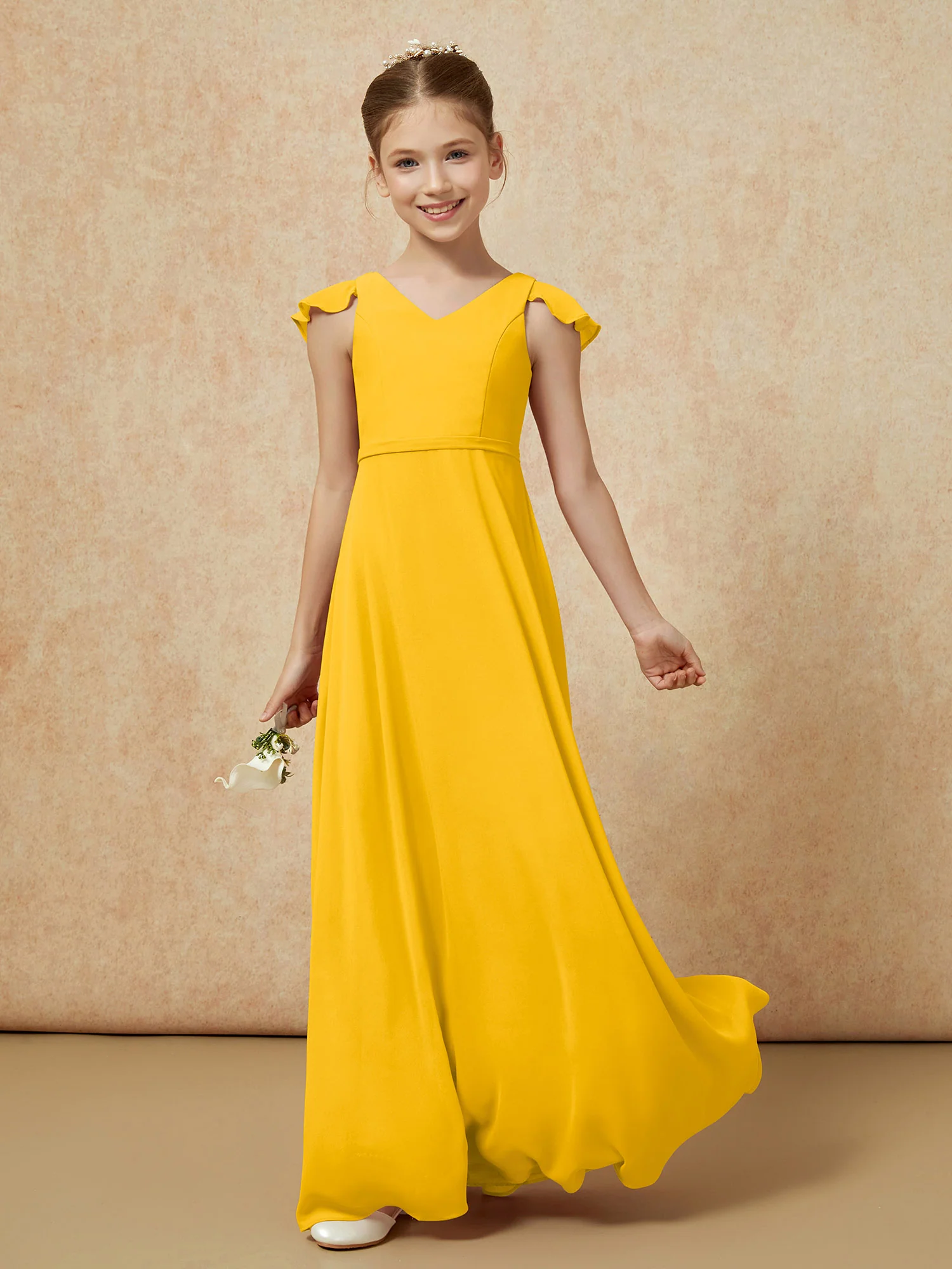 Flutter Sleeves Chiffon A-Line Junior Bridesmaid Dresses Marigold - Image 3
