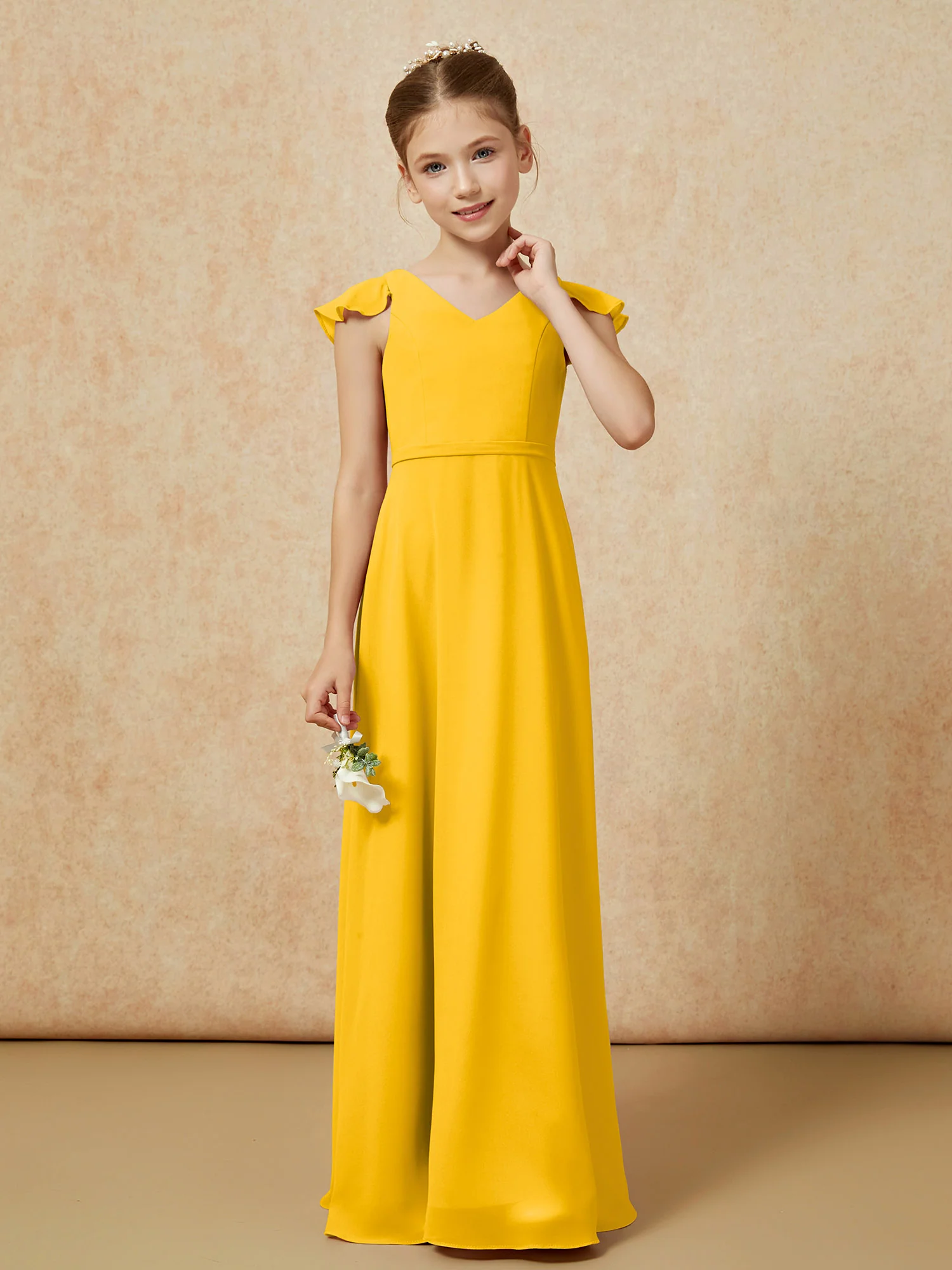 Flutter Sleeves Chiffon A-Line Junior Bridesmaid Dresses Marigold - Image 4
