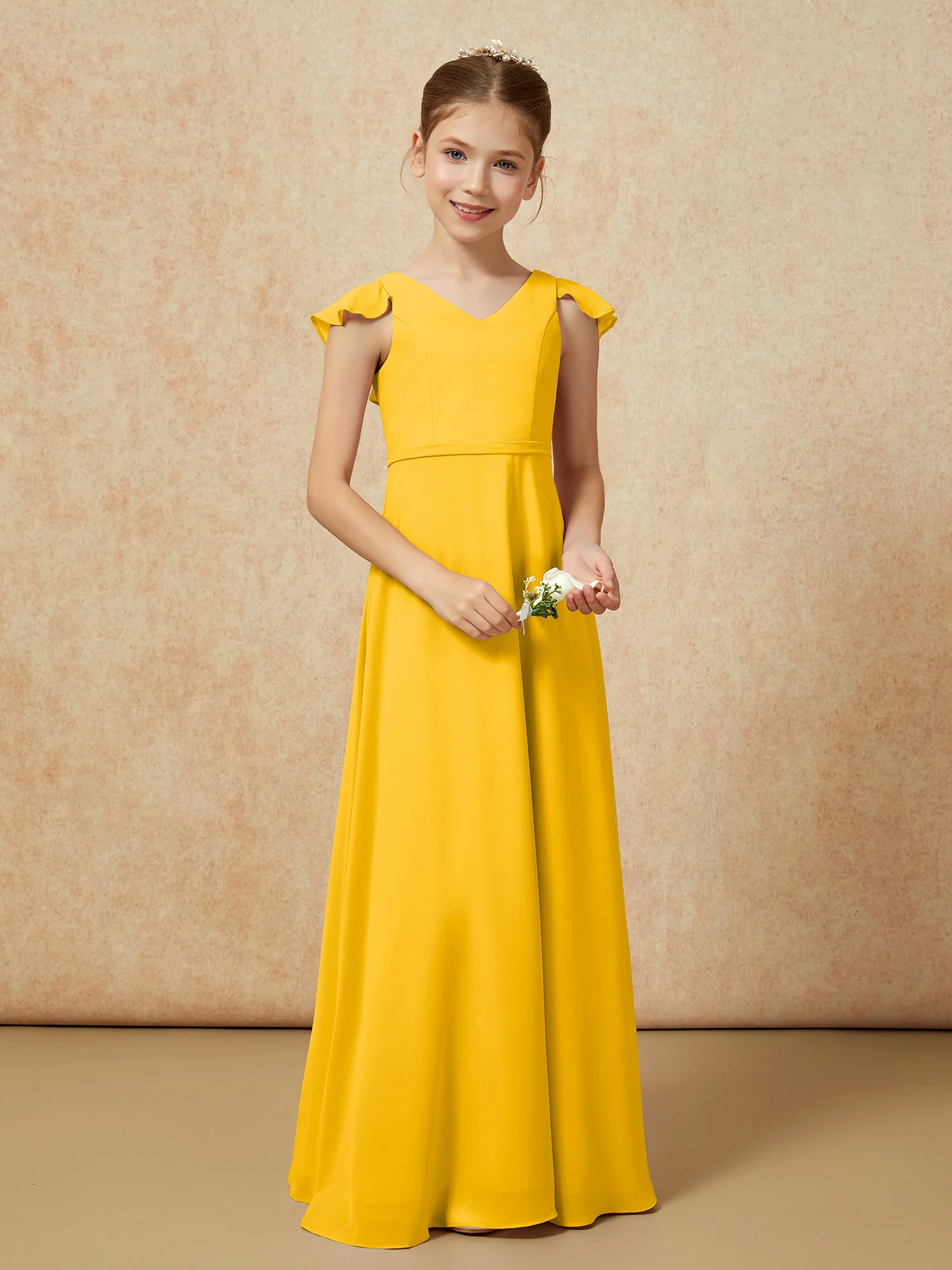 Flutter Sleeves Chiffon A-Line Junior Bridesmaid Dresses Marigold - Image 5