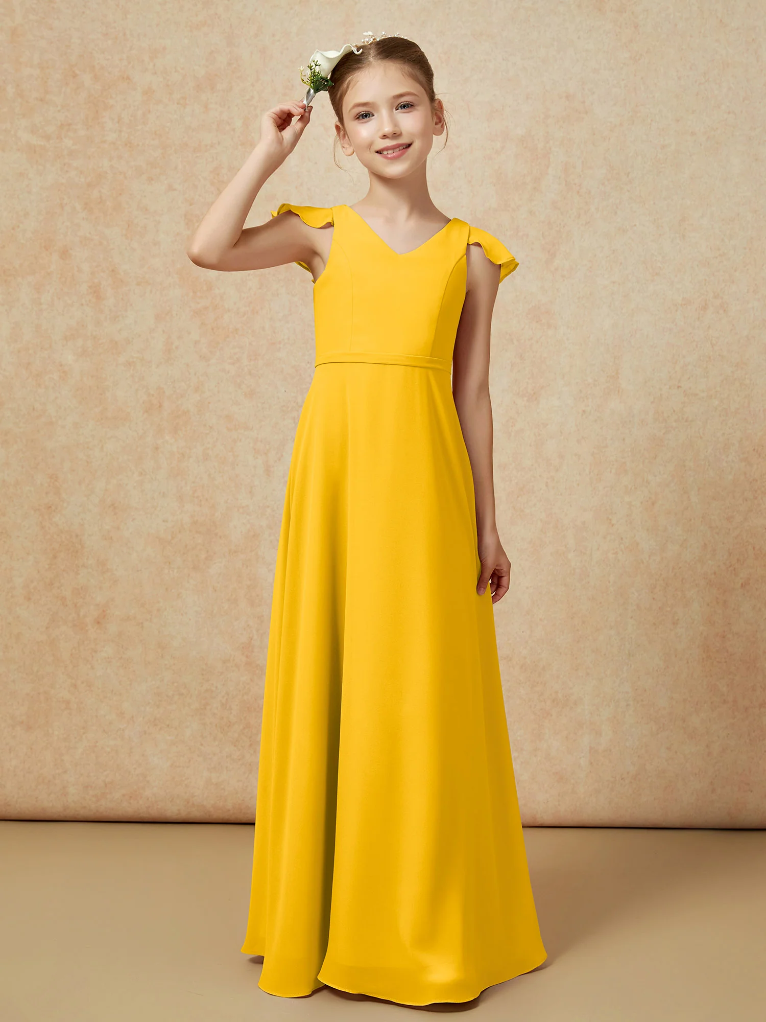 Flutter Sleeves Chiffon A-Line Junior Bridesmaid Dresses Marigold - Image 6