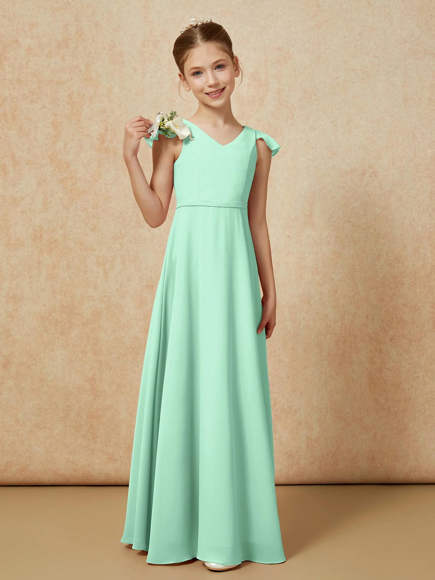 Flutter Sleeves Chiffon A-Line Junior Bridesmaid Dresses Mint Green