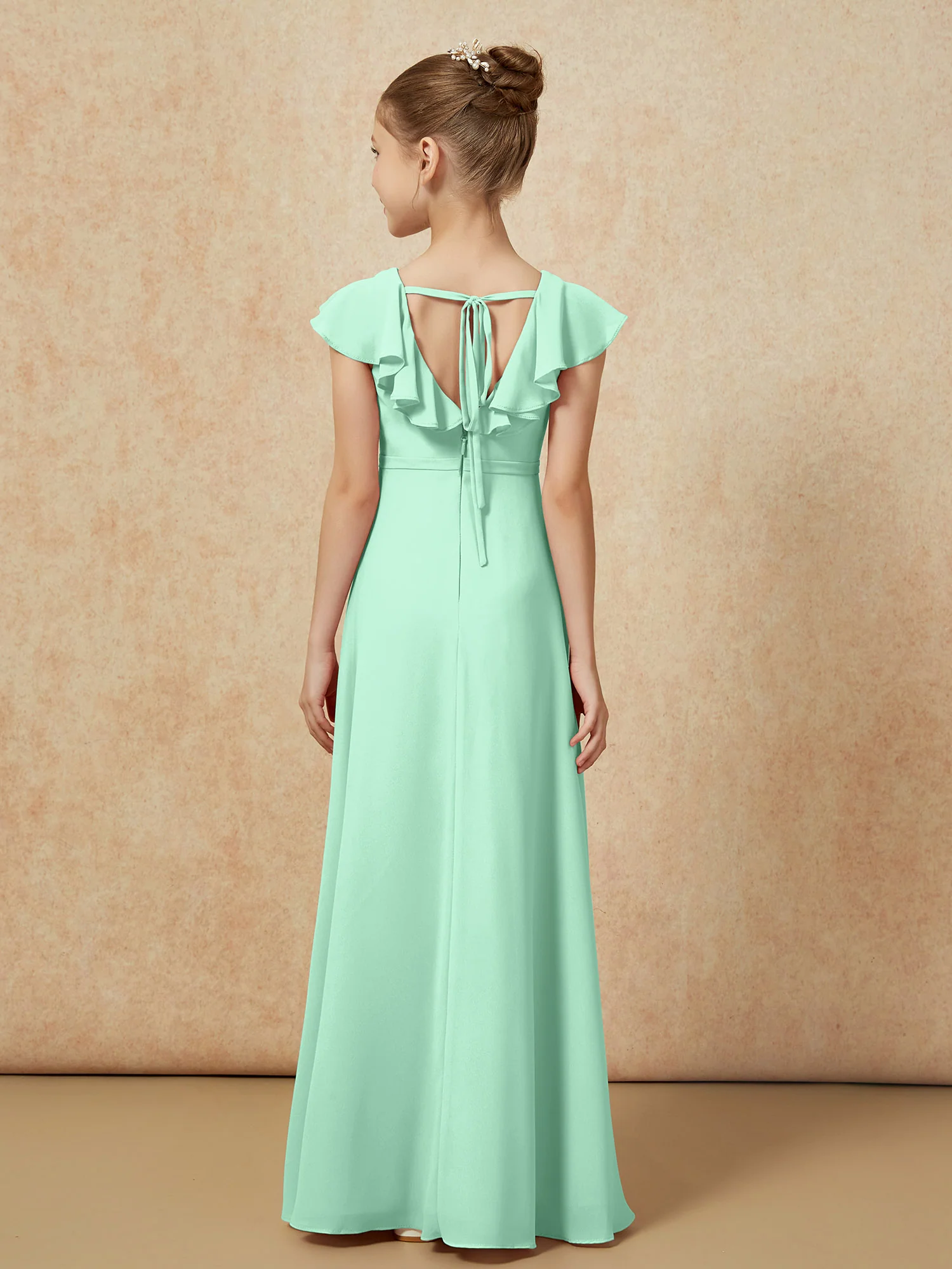 Flutter Sleeves Chiffon A-Line Junior Bridesmaid Dresses Mint Green - Image 2