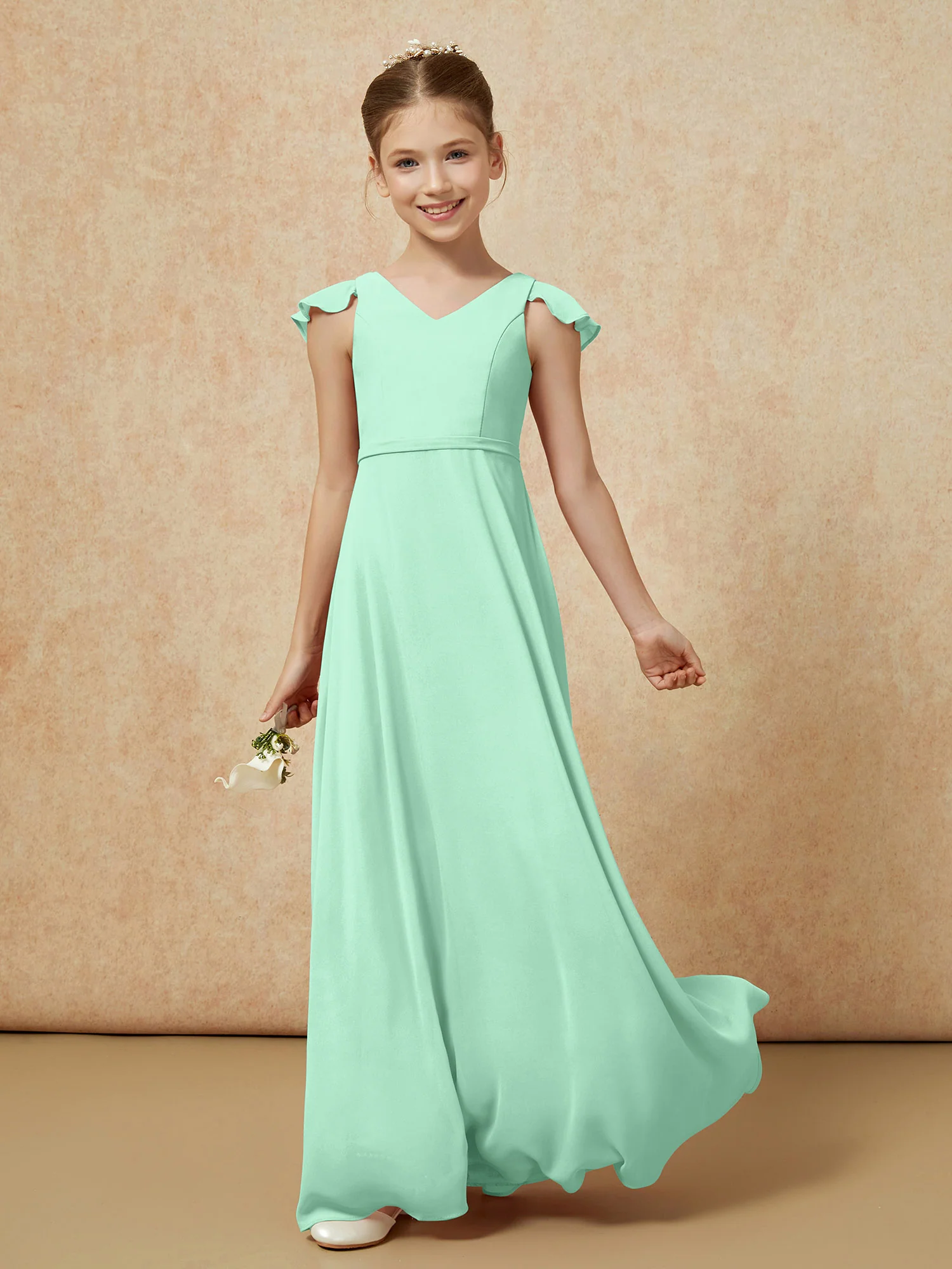 Flutter Sleeves Chiffon A-Line Junior Bridesmaid Dresses Mint Green - Image 3
