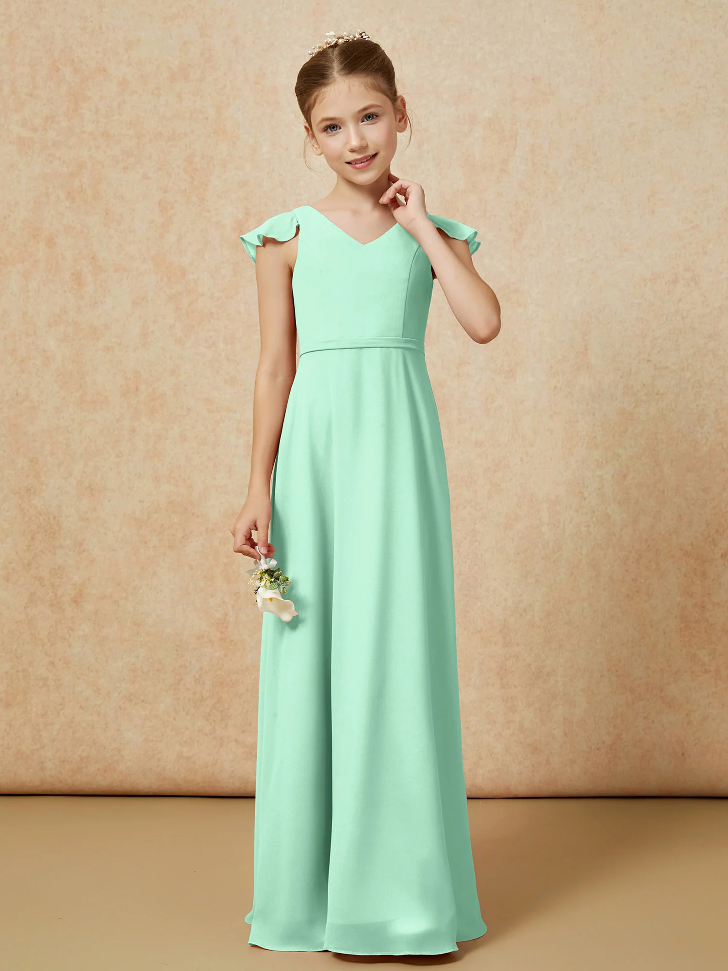 Flutter Sleeves Chiffon A-Line Junior Bridesmaid Dresses Mint Green - Image 4