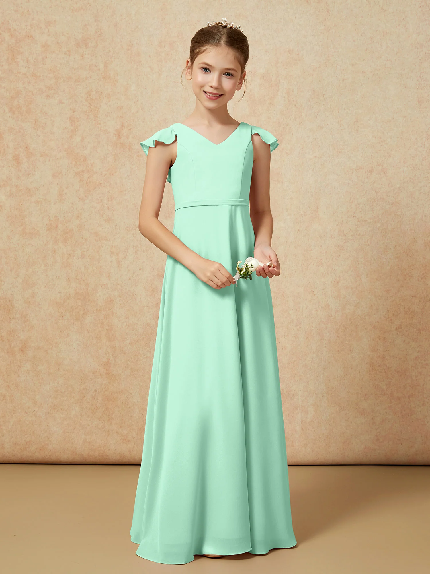 Flutter Sleeves Chiffon A-Line Junior Bridesmaid Dresses Mint Green - Image 5