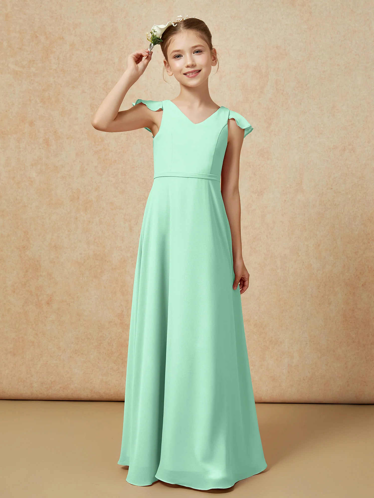 Flutter Sleeves Chiffon A-Line Junior Bridesmaid Dresses Mint Green - Image 6