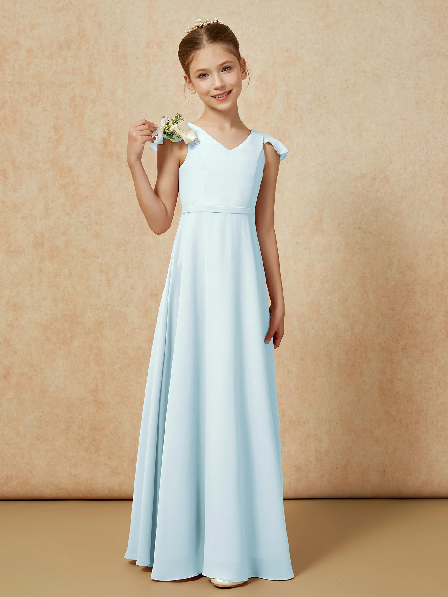 Flutter Sleeves Chiffon A-Line Junior Bridesmaid Dresses Mist