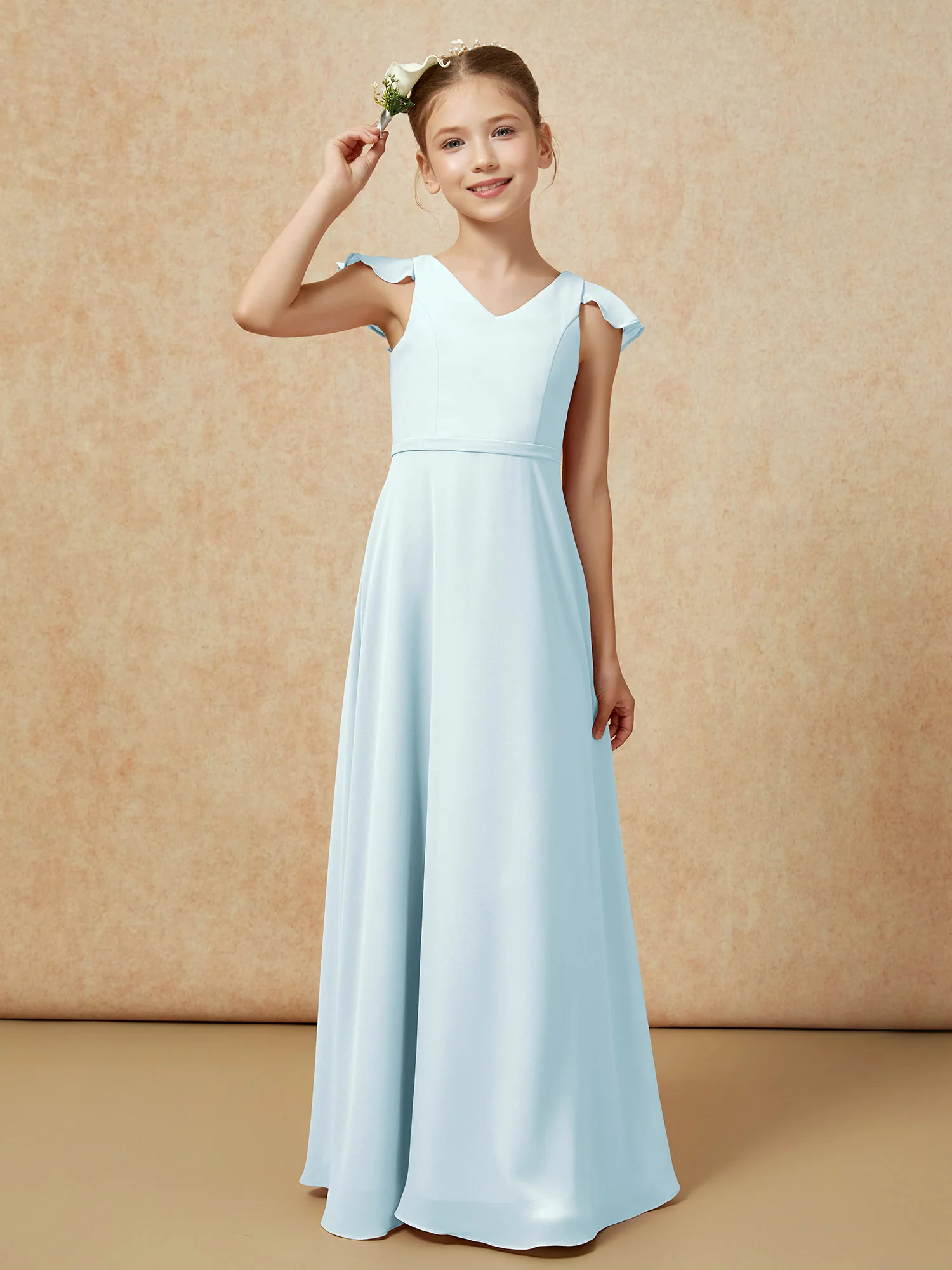 Flutter Sleeves Chiffon A-Line Junior Bridesmaid Dresses Mist - Image 6