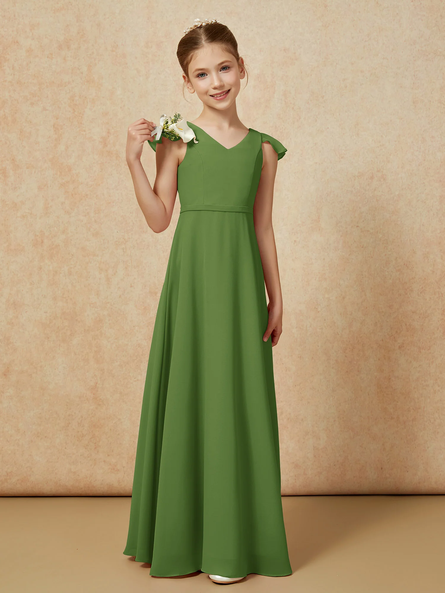 Flutter Sleeves Chiffon A-Line Junior Bridesmaid Dresses Moss