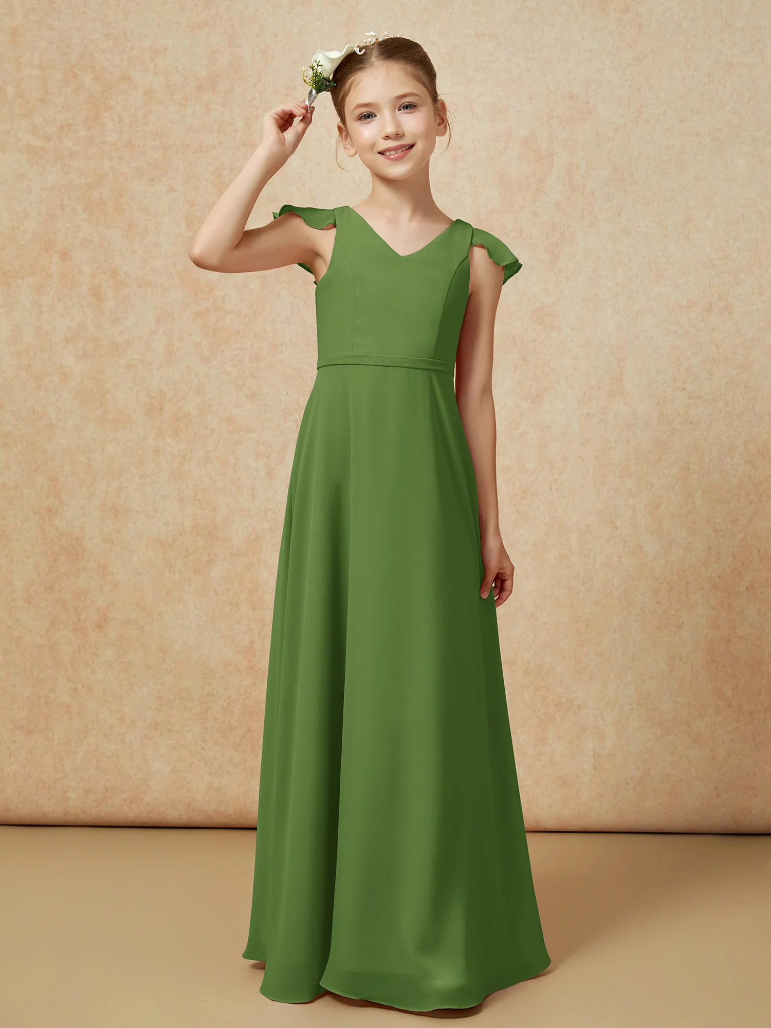 Flutter Sleeves Chiffon A-Line Junior Bridesmaid Dresses Moss - Image 6