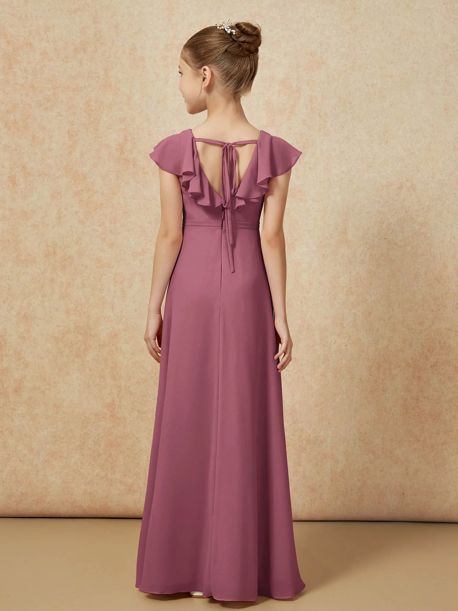 Flutter Sleeves Chiffon A-Line Junior Bridesmaid Dresses Mulberry - Image 2