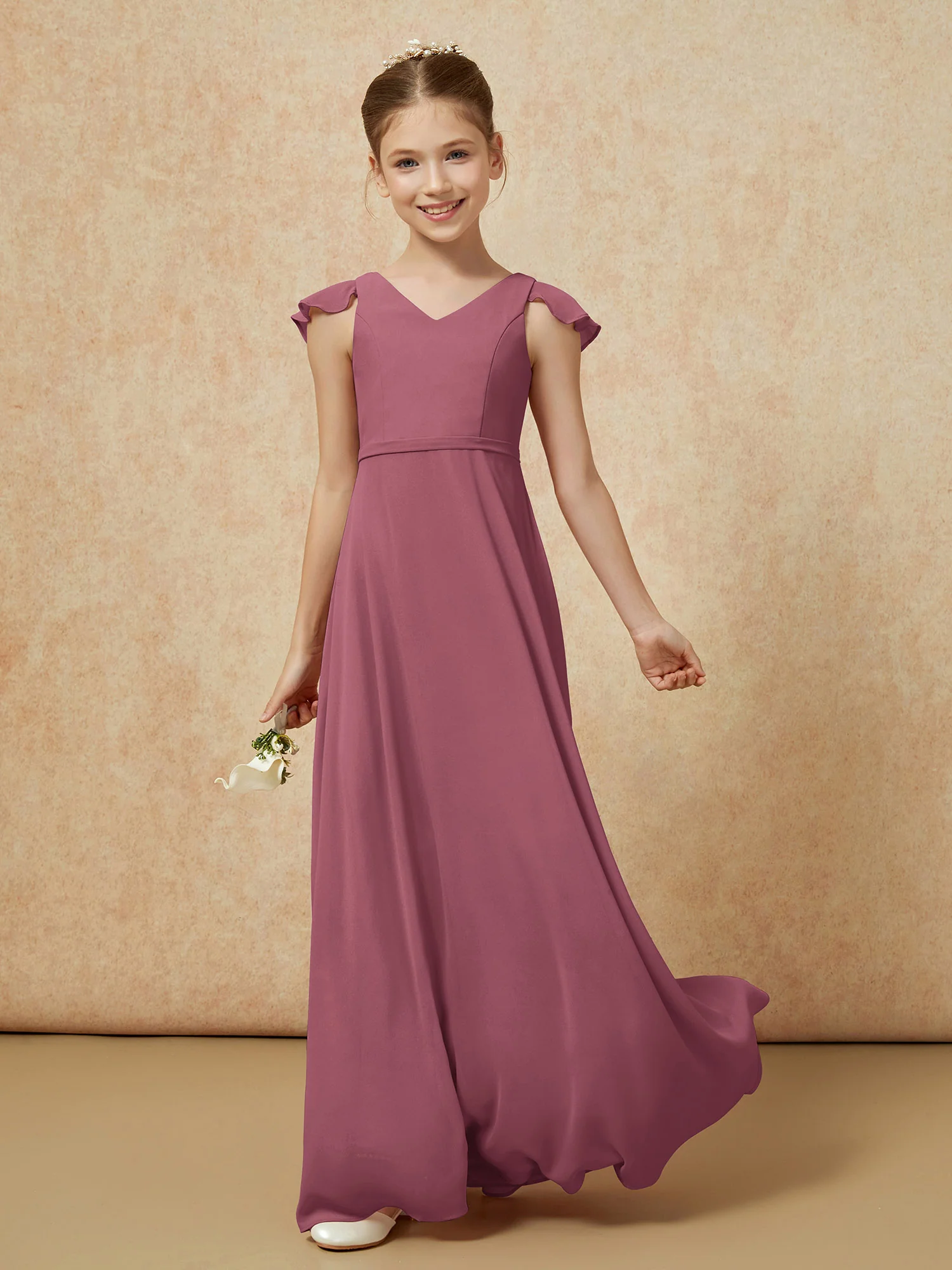 Flutter Sleeves Chiffon A-Line Junior Bridesmaid Dresses Mulberry - Image 3