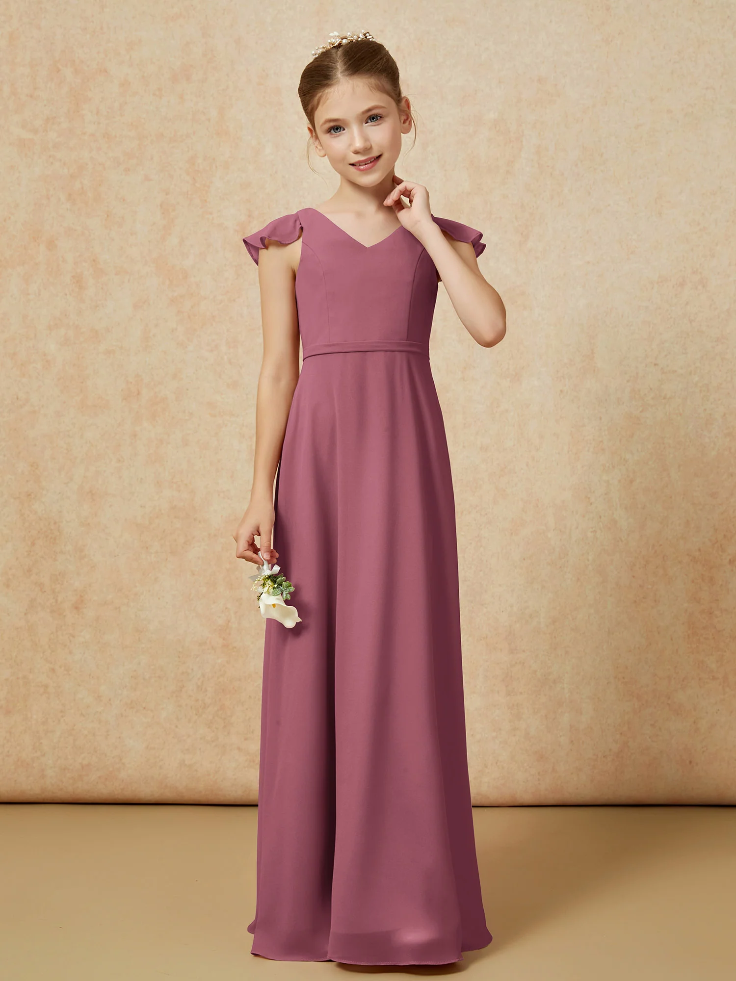 Flutter Sleeves Chiffon A-Line Junior Bridesmaid Dresses Mulberry - Image 4