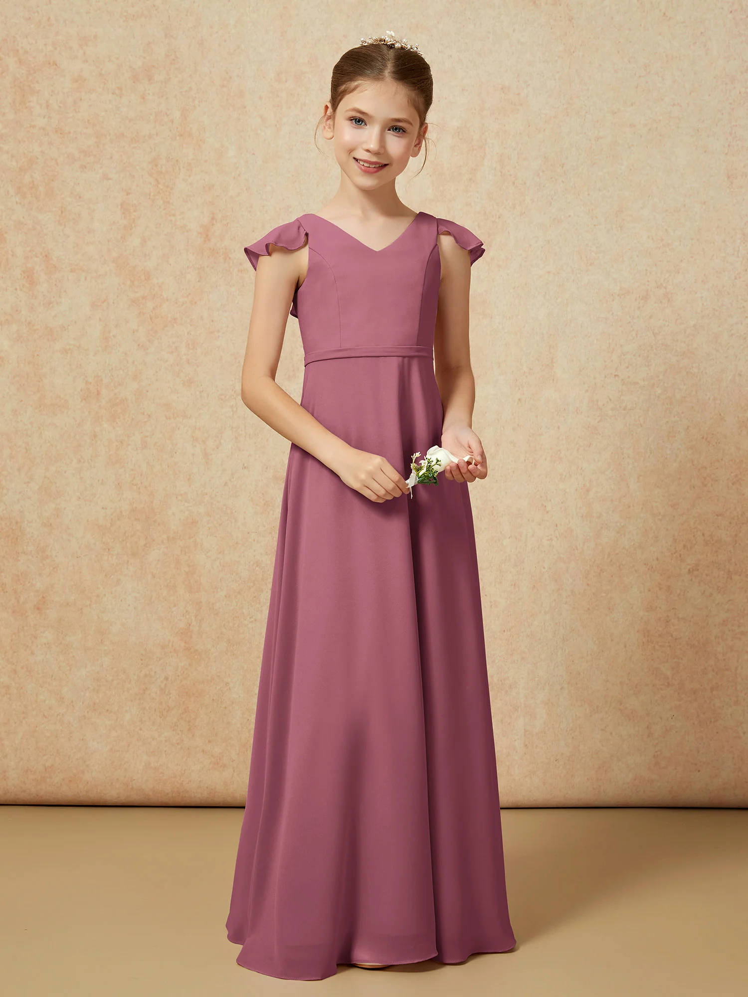 Flutter Sleeves Chiffon A-Line Junior Bridesmaid Dresses Mulberry - Image 5