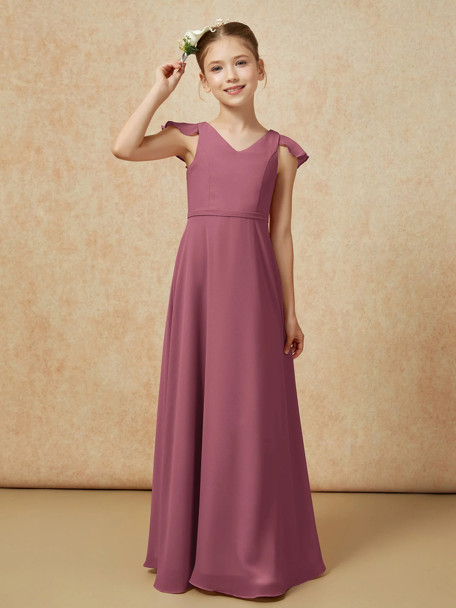 Flutter Sleeves Chiffon A-Line Junior Bridesmaid Dresses Mulberry - Image 6