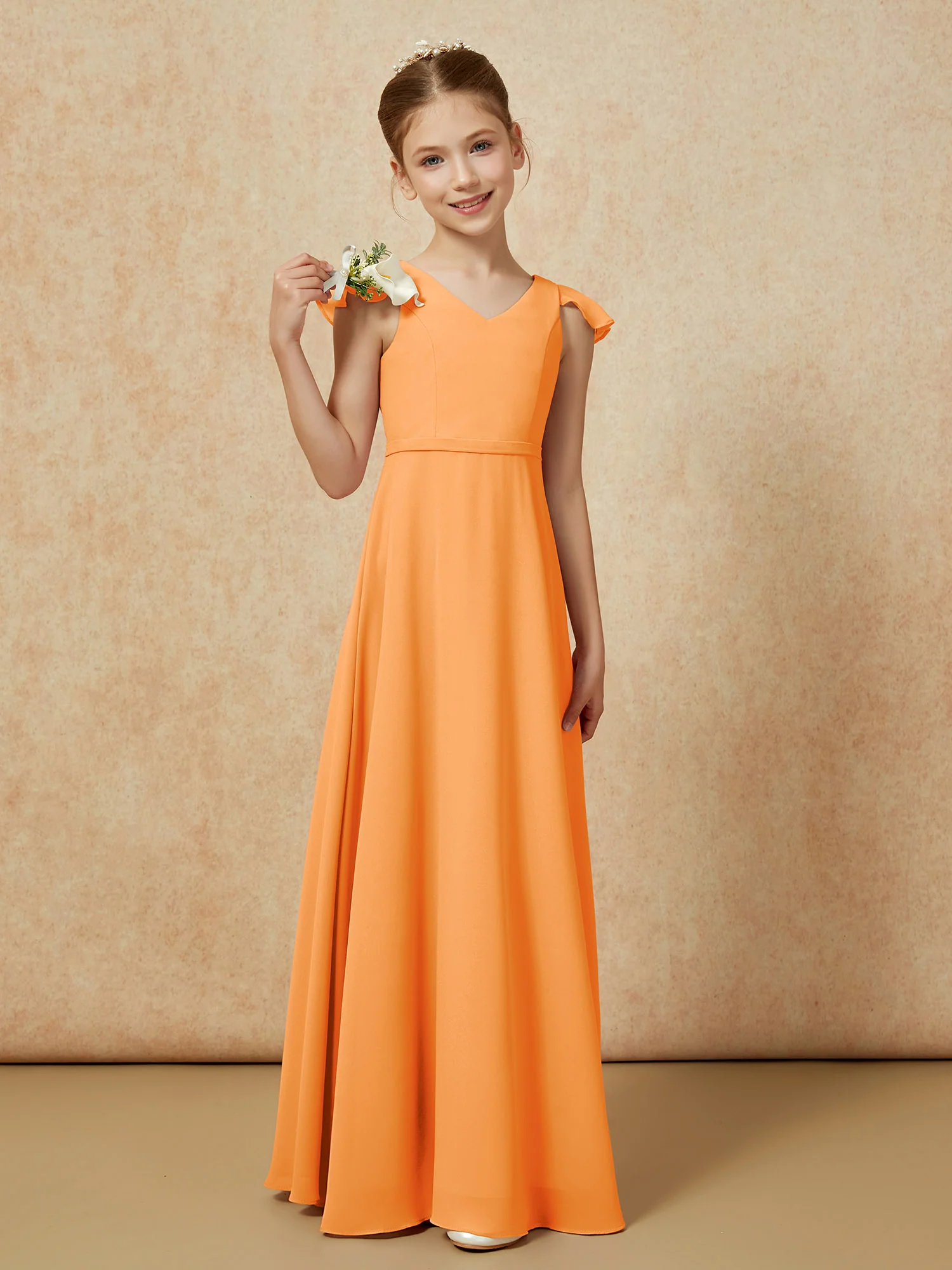 Flutter Sleeves Chiffon A-Line Junior Bridesmaid Dresses Orange