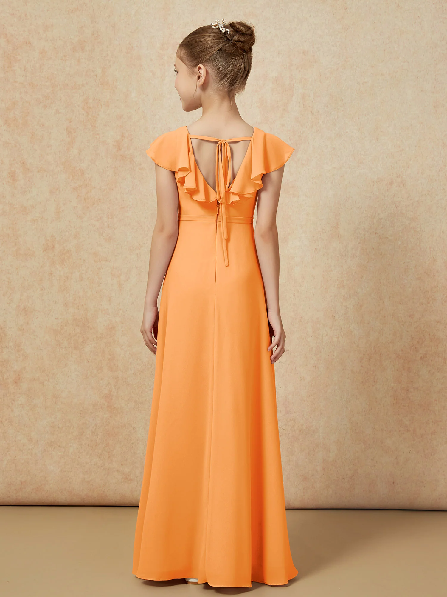 Flutter Sleeves Chiffon A-Line Junior Bridesmaid Dresses Orange - Image 2