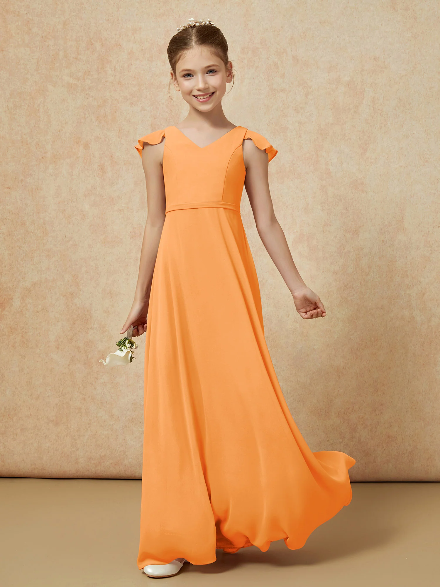Flutter Sleeves Chiffon A-Line Junior Bridesmaid Dresses Orange - Image 3