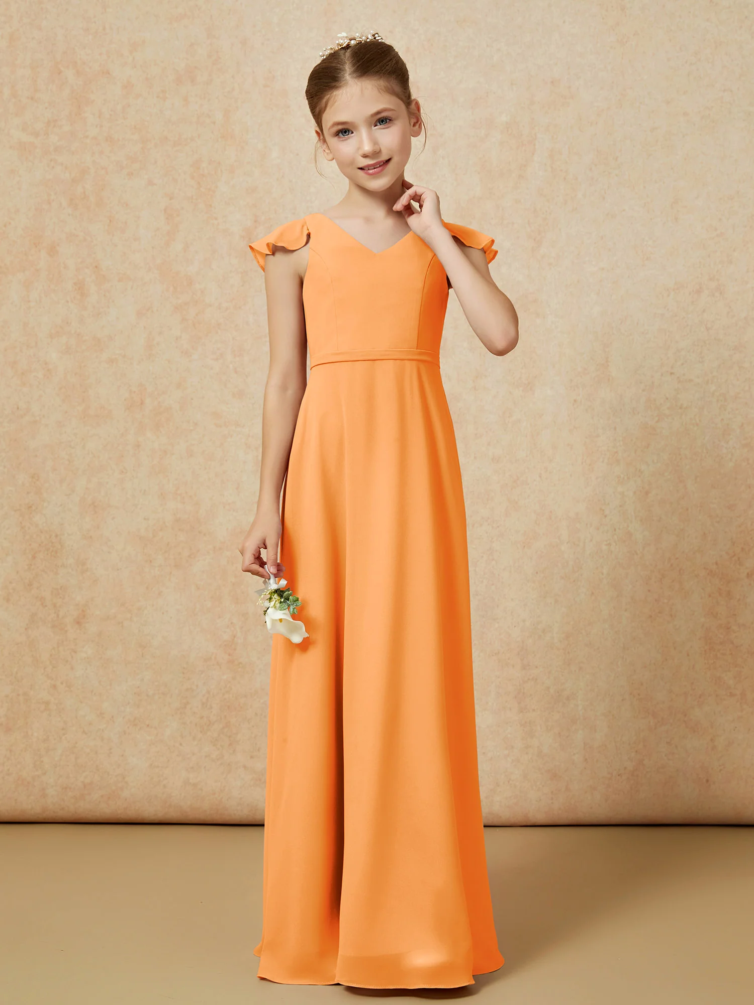 Flutter Sleeves Chiffon A-Line Junior Bridesmaid Dresses Orange - Image 4