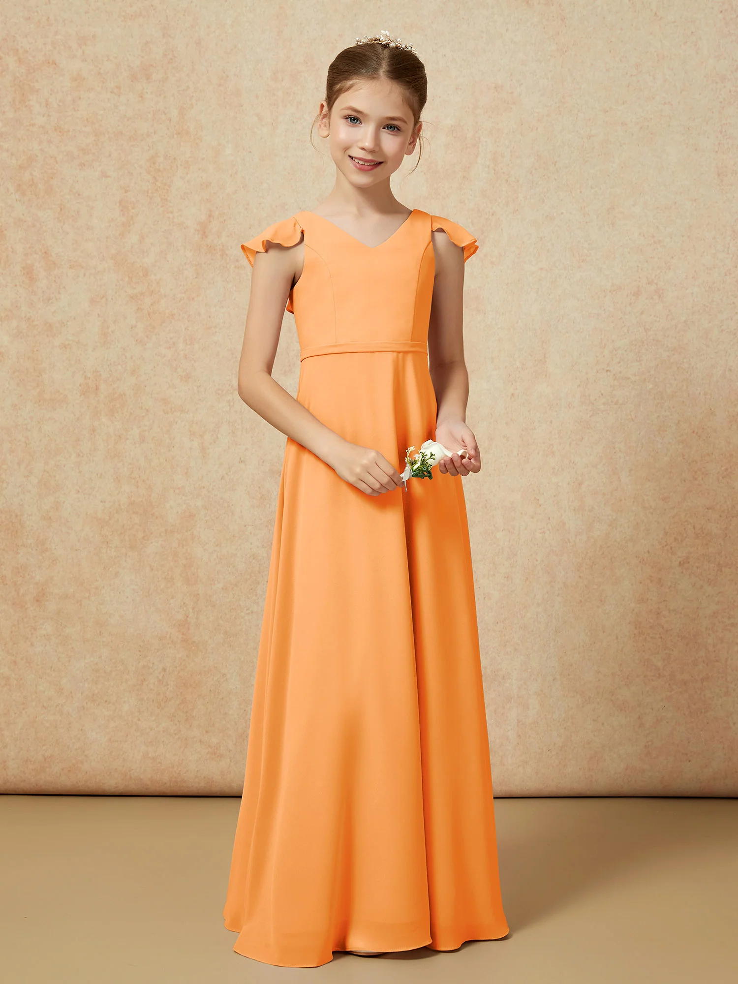 Flutter Sleeves Chiffon A-Line Junior Bridesmaid Dresses Orange - Image 5