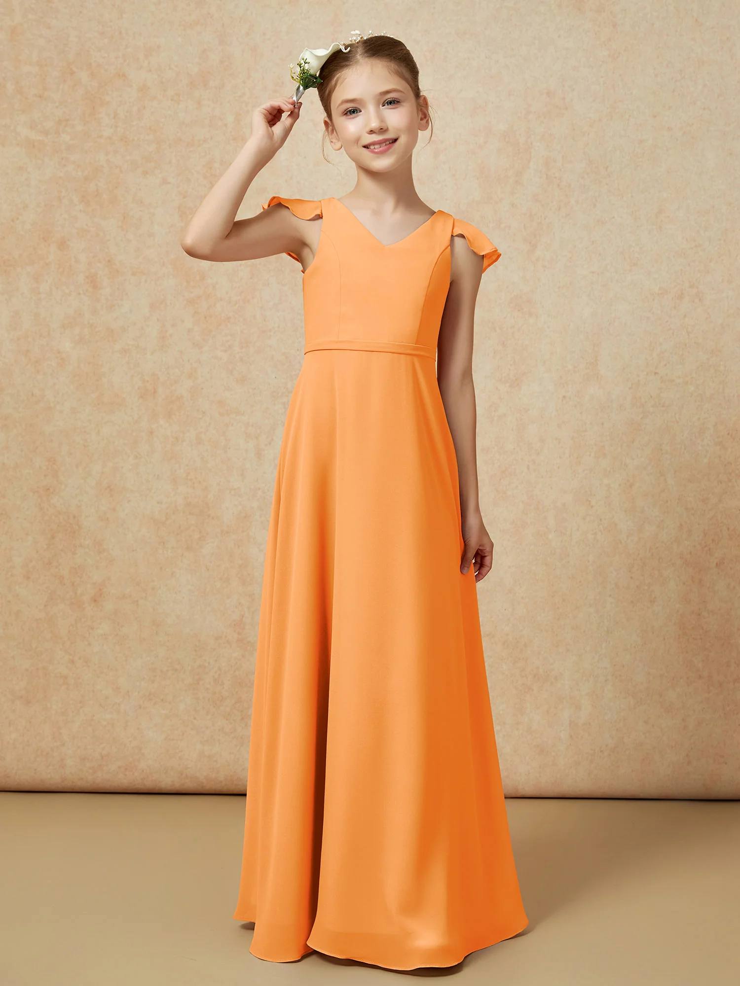 Flutter Sleeves Chiffon A-Line Junior Bridesmaid Dresses Orange - Image 6