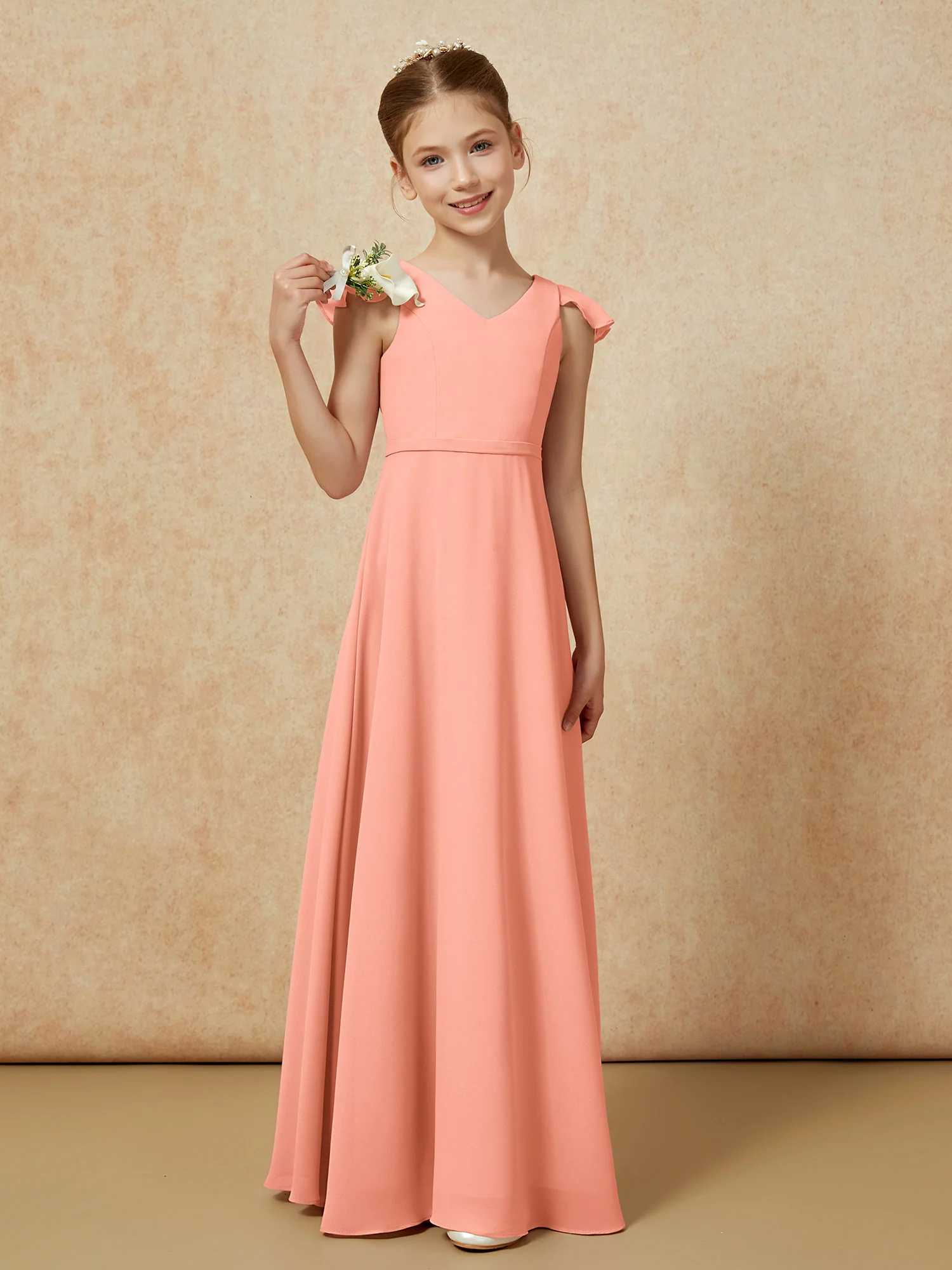 Flutter Sleeves Chiffon A-Line Junior Bridesmaid Dresses Papaya