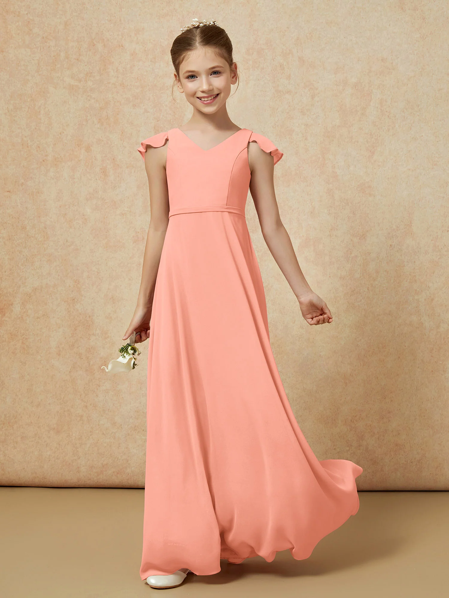 Flutter Sleeves Chiffon A-Line Junior Bridesmaid Dresses Papaya - Image 3