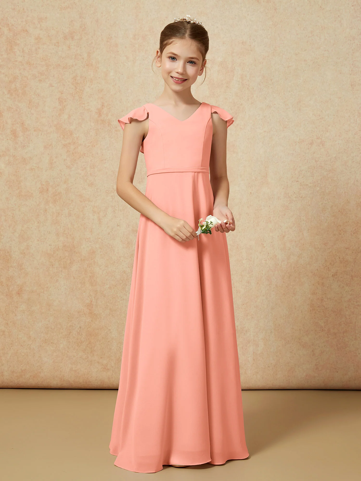 Flutter Sleeves Chiffon A-Line Junior Bridesmaid Dresses Papaya - Image 5