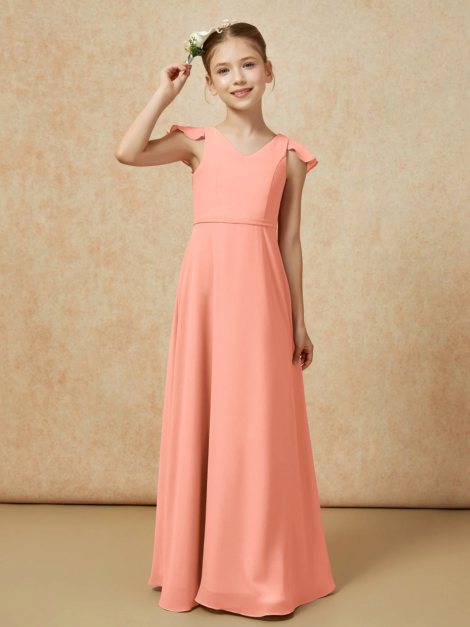 Flutter Sleeves Chiffon A-Line Junior Bridesmaid Dresses Papaya - Image 6