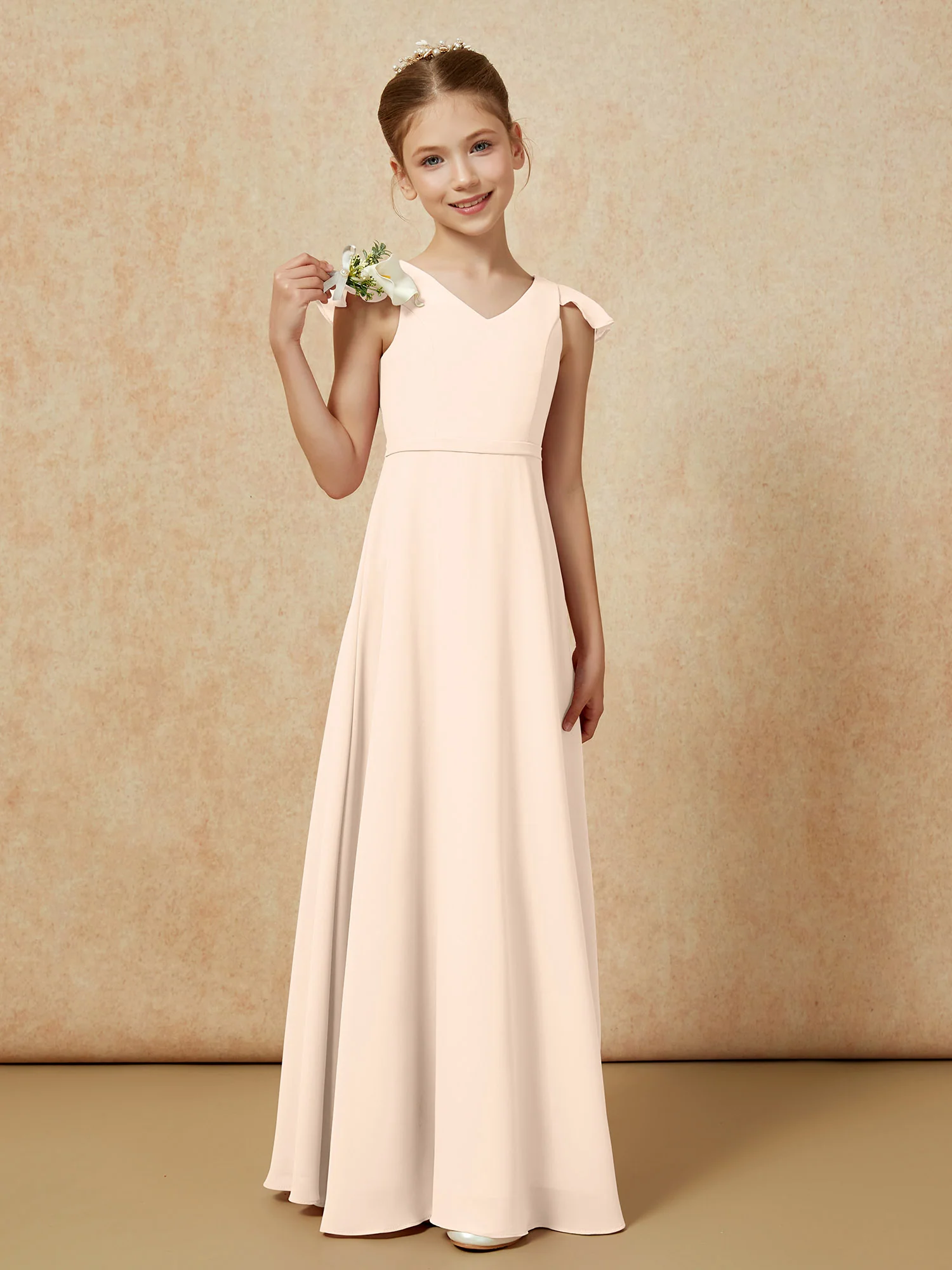Flutter Sleeves Chiffon A-Line Junior Bridesmaid Dresses Peach