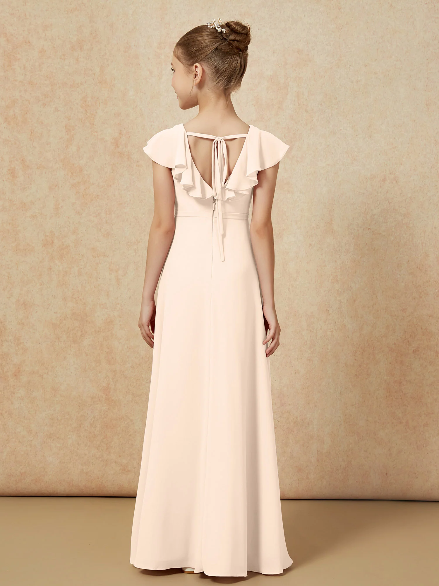 Flutter Sleeves Chiffon A-Line Junior Bridesmaid Dresses Peach - Image 2