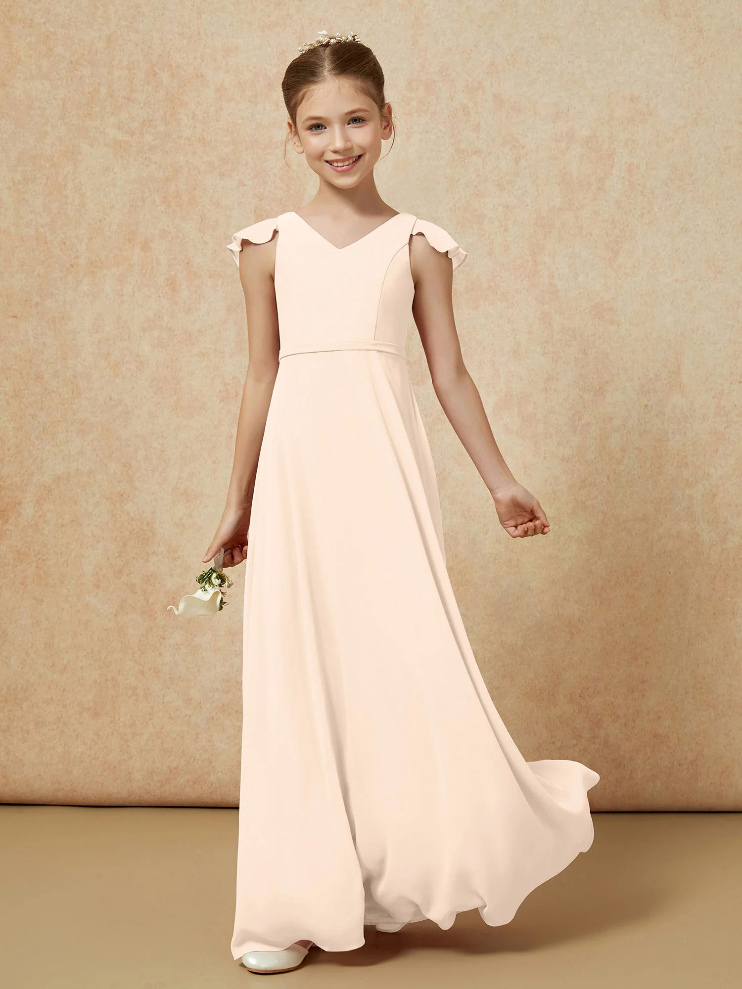 Flutter Sleeves Chiffon A-Line Junior Bridesmaid Dresses Peach - Image 3