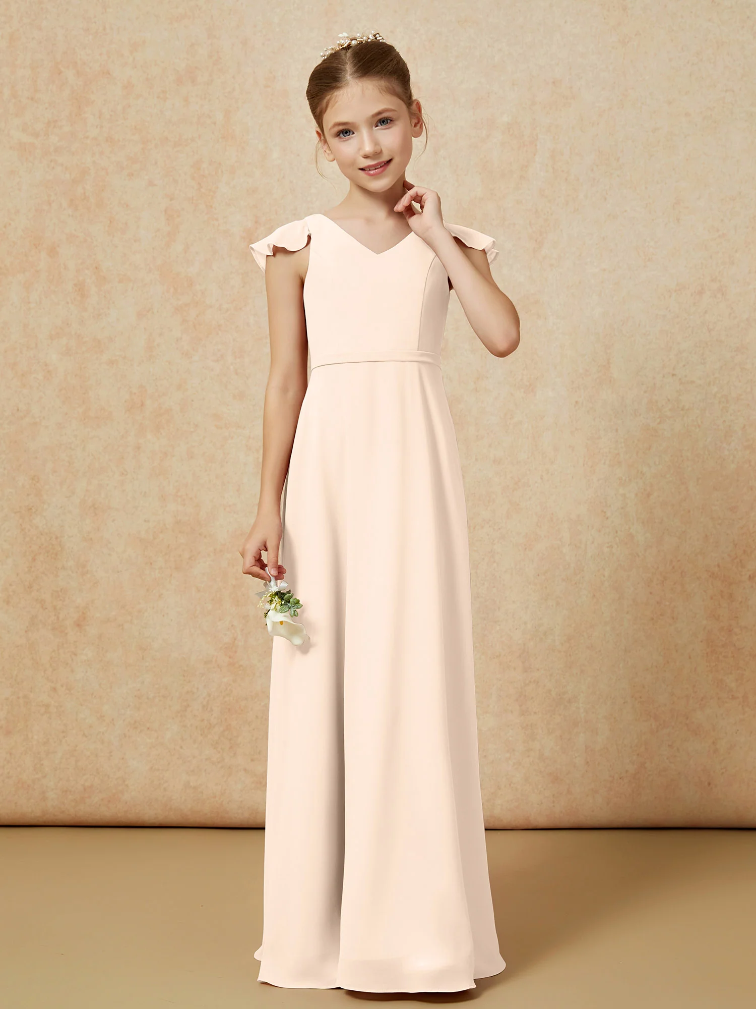 Flutter Sleeves Chiffon A-Line Junior Bridesmaid Dresses Peach - Image 4