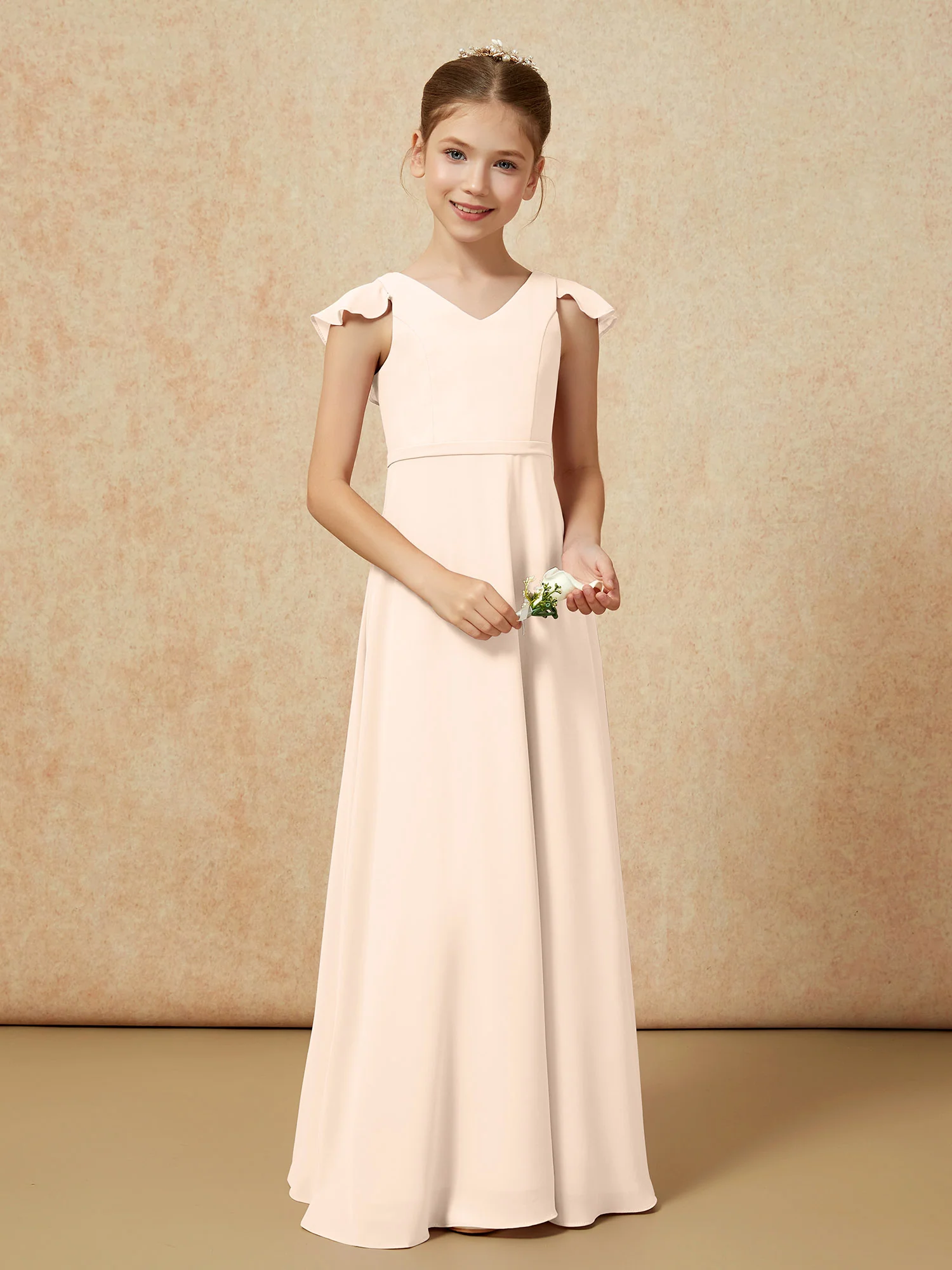 Flutter Sleeves Chiffon A-Line Junior Bridesmaid Dresses Peach - Image 5