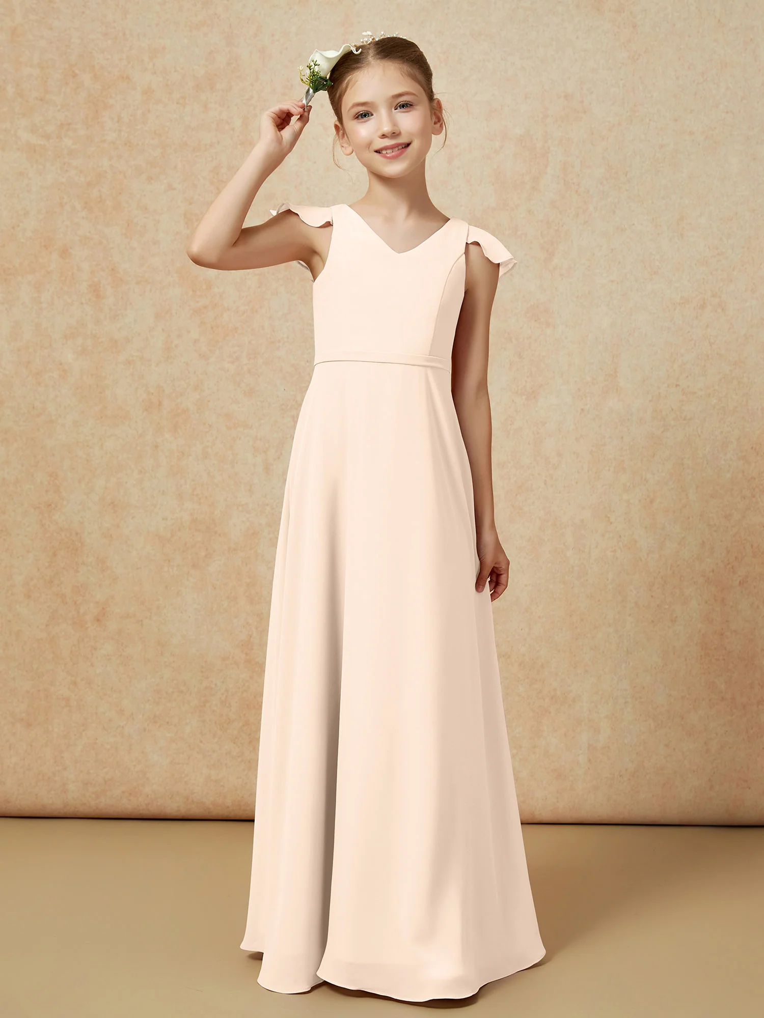 Flutter Sleeves Chiffon A-Line Junior Bridesmaid Dresses Peach - Image 6