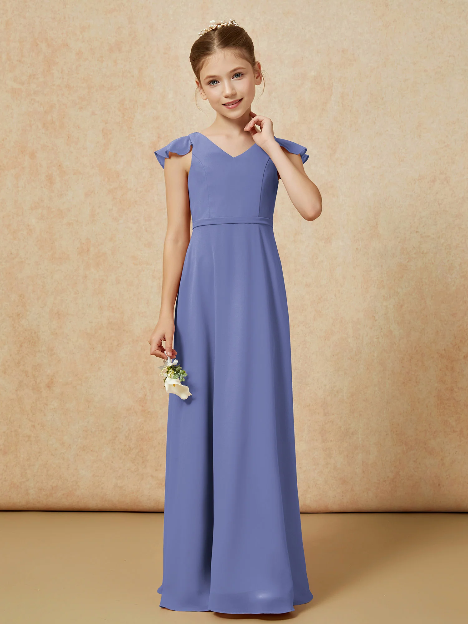 Flutter Sleeves Chiffon A-Line Junior Bridesmaid Dresses Periwinkle - Image 4